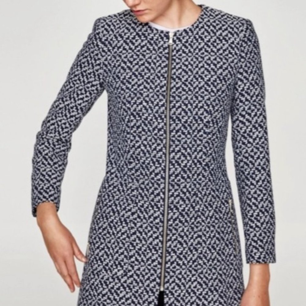 Zara Women's Basics Collection Frock Textured Blazer Blue/White L